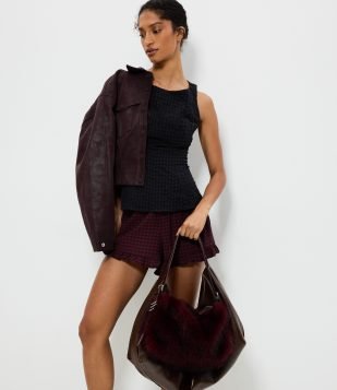 Blusa Peplum em Anarruga com Estampa Xadrez Preto