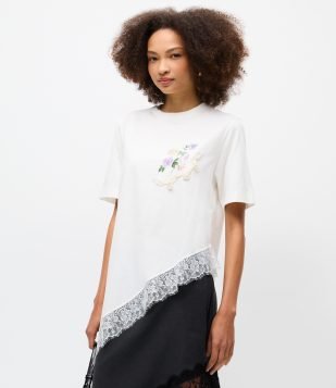 Blusa em Algodão com Estampa e Renda na Barra Branco