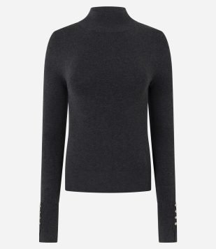 Blusa em Tricô com Manga Longa e Gola Alta Cinza Escuro