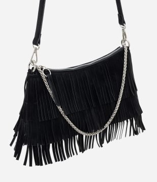 Bolsa Shoulder Média em Suede com Franjas Preto 