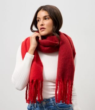Cachecol em Flanela com Blocos de Cor e Franjas Vermelho