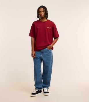 Calça Baggy em Jeans Vintage Azul Médio