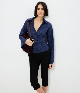 Camisa Ajustada em Tricoline Xadrez Azul