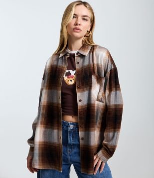 Camisa Regular Manga Longa em Flanela Xadrez Marrom
