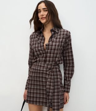 Camisa Xadrez em Tricoline com Manga Longa Marrom