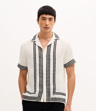 Camisa com Textura Telada e Listras Off White