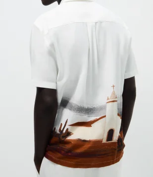 Camisa em Algodão com Linho e Estampa Paisagem Sertão Alceu Valença Branco