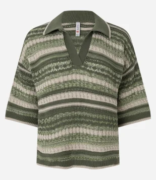 Camiseta Oversized em Tricô Listrado com Gola Polo Verde