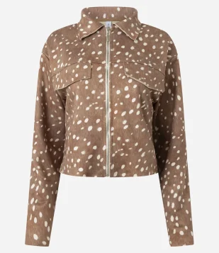 Jaqueta Suede Animal Print Bambi com Zíper Marrom