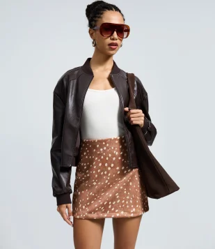 Saia Feminina Mini Suede Animal Print Bambi Marrom