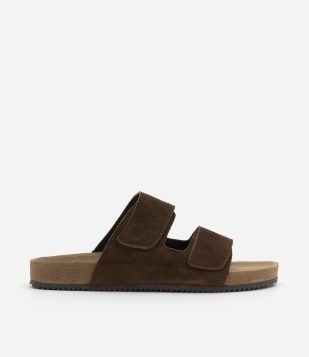 Sandália Slide em Camurça e Tiras com Velcro Marrom