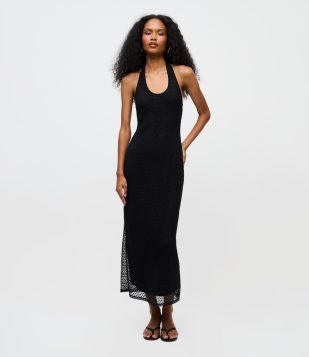 Vestido Midi Frente Única em Renda Preto