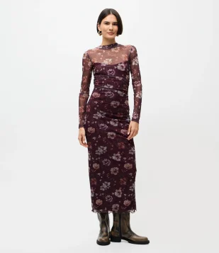 Vestido Midi em Tule com Estampa Floral e Gola Alta Roxo