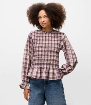 Blusa Bata em Lastex com Estampa Xadrez e Babados Roxo e Bege