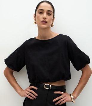 Blusa Cropped Balonê em Algodão Preto