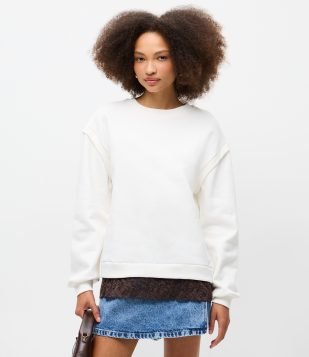Blusa Manga Longa em Moletom com Renda na Barra Branco