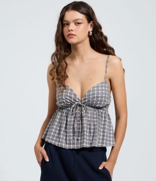 Blusa Xadrez de Alcinha em Algodão com Decote V Marrom