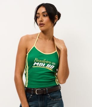 Blusa de Alça com Estampa Brasileiro tem Molho Verde