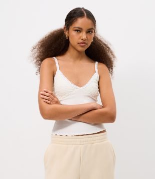 Blusa de Alcinha Texturizada com Busto em Renda Off White