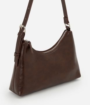 Bolsa Baguete Pequena em PU com Ajuste de Alça Marrom