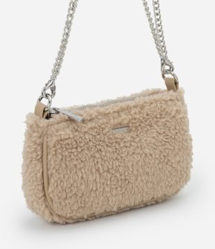 Bolsa Transversal com Corrente e Textura de Pelos Bege