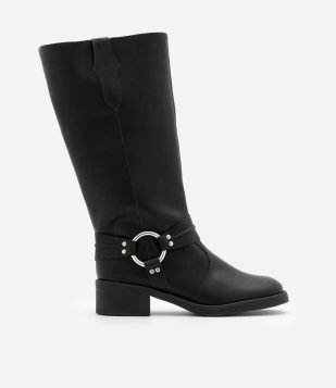 Bota Biker Boot em PU com Detalhe em Metal na Lateral Preto