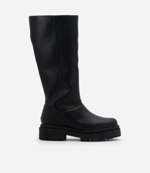 Bota Cano Alto em PU com Sola Tratorada Preto