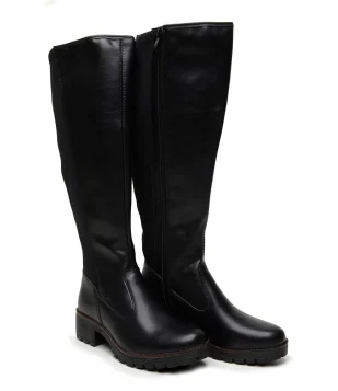 Bota Feminina Montaria Casual Cano Alto Solado Tratorado Preto