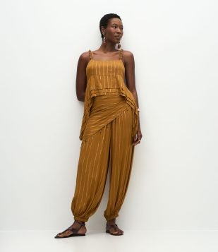 Calça Aladim Estampada com Lenço Sobreposto Marrom