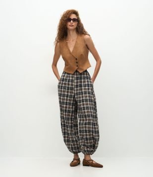 Calça Aladim em Tricoline com Estampa Xadrez Azul