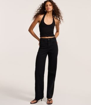 Calça Reta Comfort em Jeans com Brilho Preto