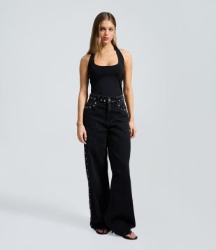 Calça Wide em Jeans com Tachas Laterais e Cintura Média Preto