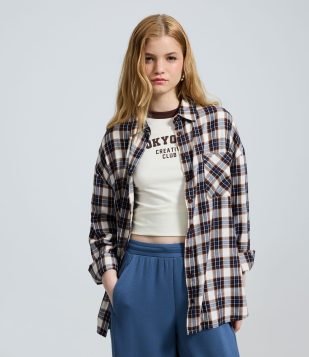 Camisa Regular Manga Longa em Flanela Xadrez Azul