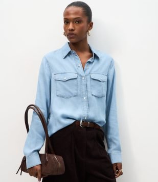 Camisa Western em Liocel com Bolsos Frontais Azul Claro
