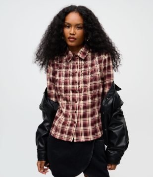 Camisa Xadrez em Tricoline com Bordado de Miçangas Vermelho