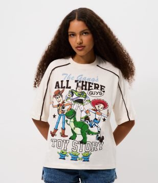 Camiseta com Cava Deslocada e Estampa Toy Story Off White