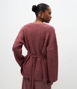 Cardigan Alongado em Tricô com Amarração nas Costas Rosa