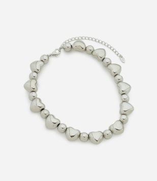 Colar Curto Corações Bold em Metal Prata