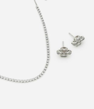 Conjunto de Colar Gargantilha e Brincos com Brilho Prata