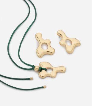 Conjunto de Colar e Brincos com Pingente Orgânico Verde e Dourado