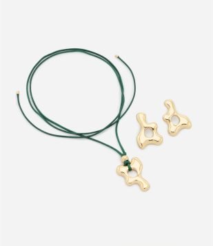 Conjunto de Colar e Brincos com Pingente Orgânico Verde ou Dourado