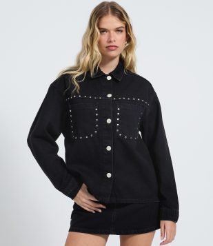 Jaqueta Overshirt em Jeans com Tachas Metálicas Preto