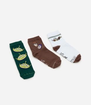 Kit 03 Meias Infantil com Estampa Toy Story – Tam 19 a 34 Verde, Marrom e Branco