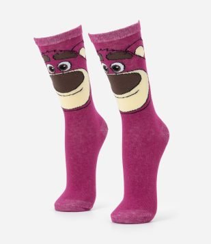 Meia Cano Alto em Algodão com Estampa Lotso Toy Story Rosa Escuro