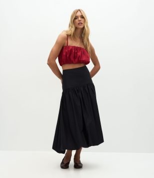 Saia Midi Balonê com Cintura Baixa Preto