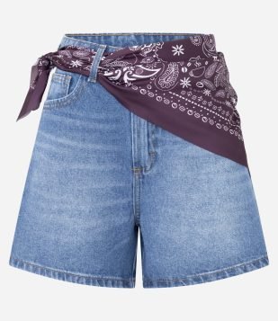 Short Jeans com Lenço Estampado na Cintura Azul Médio