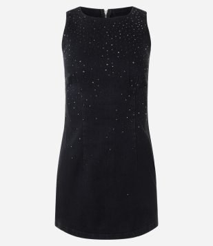 Vestido Jeans com Aplicação de Brilhos Preto