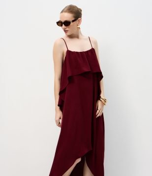 Vestido Midi Fluido com Camada Sobreposta Vermelho