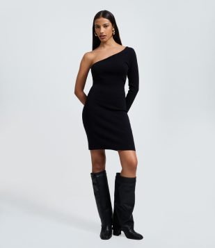 Vestido Ombro Único em Tricô com Brilho Preto