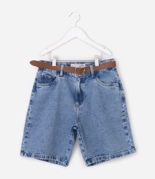 Bermuda Infantil em Jeans Alongada com Cinto – Tam 7 a 16 Anos Azul